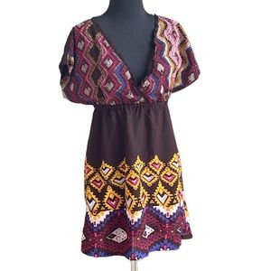 O’Neill Brown Aztec Print Short Dress Sz M S/S Drawstring Waist Surfer